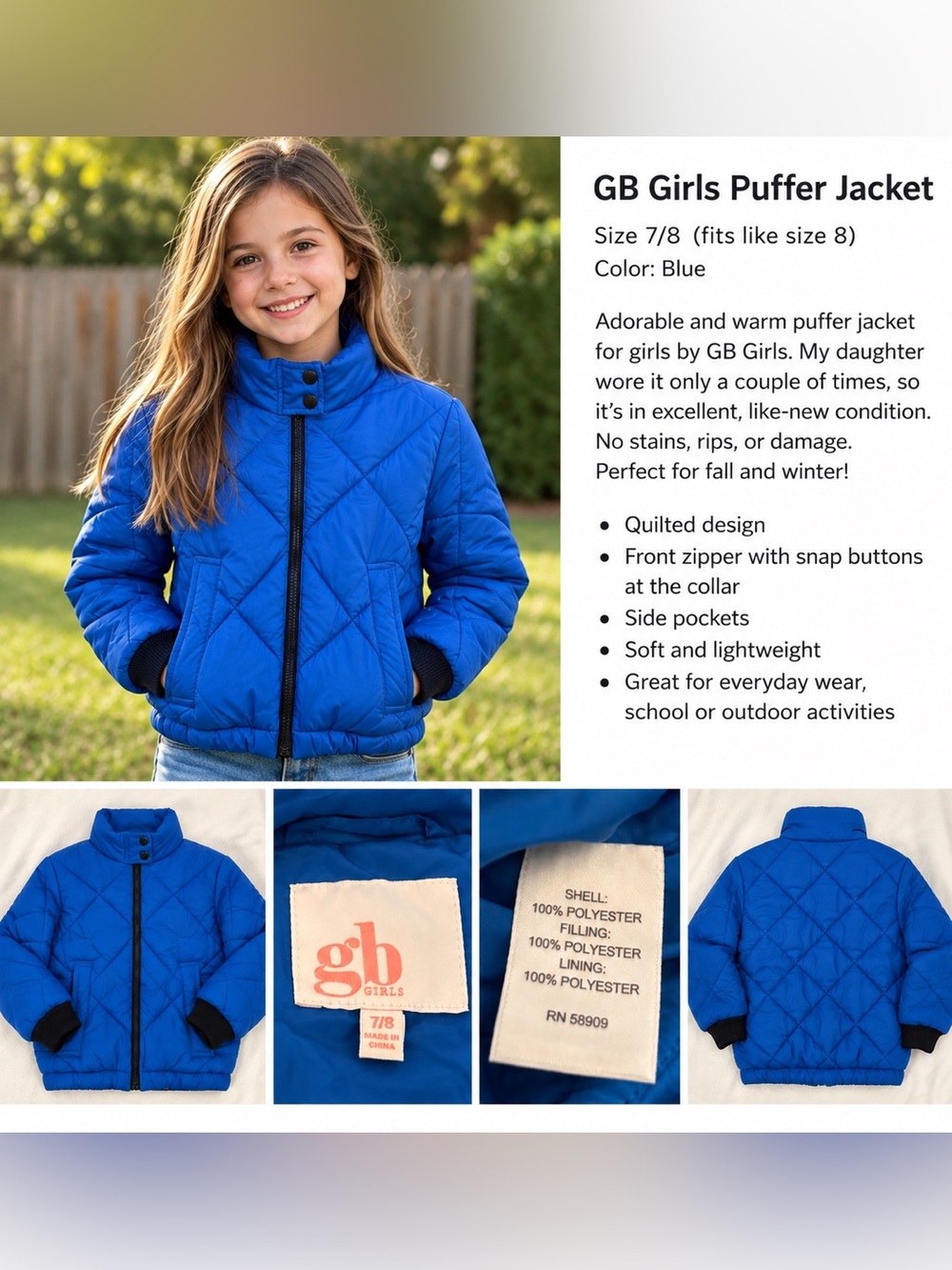 GB Girls Royal Blue Quilted Puffer Jacket